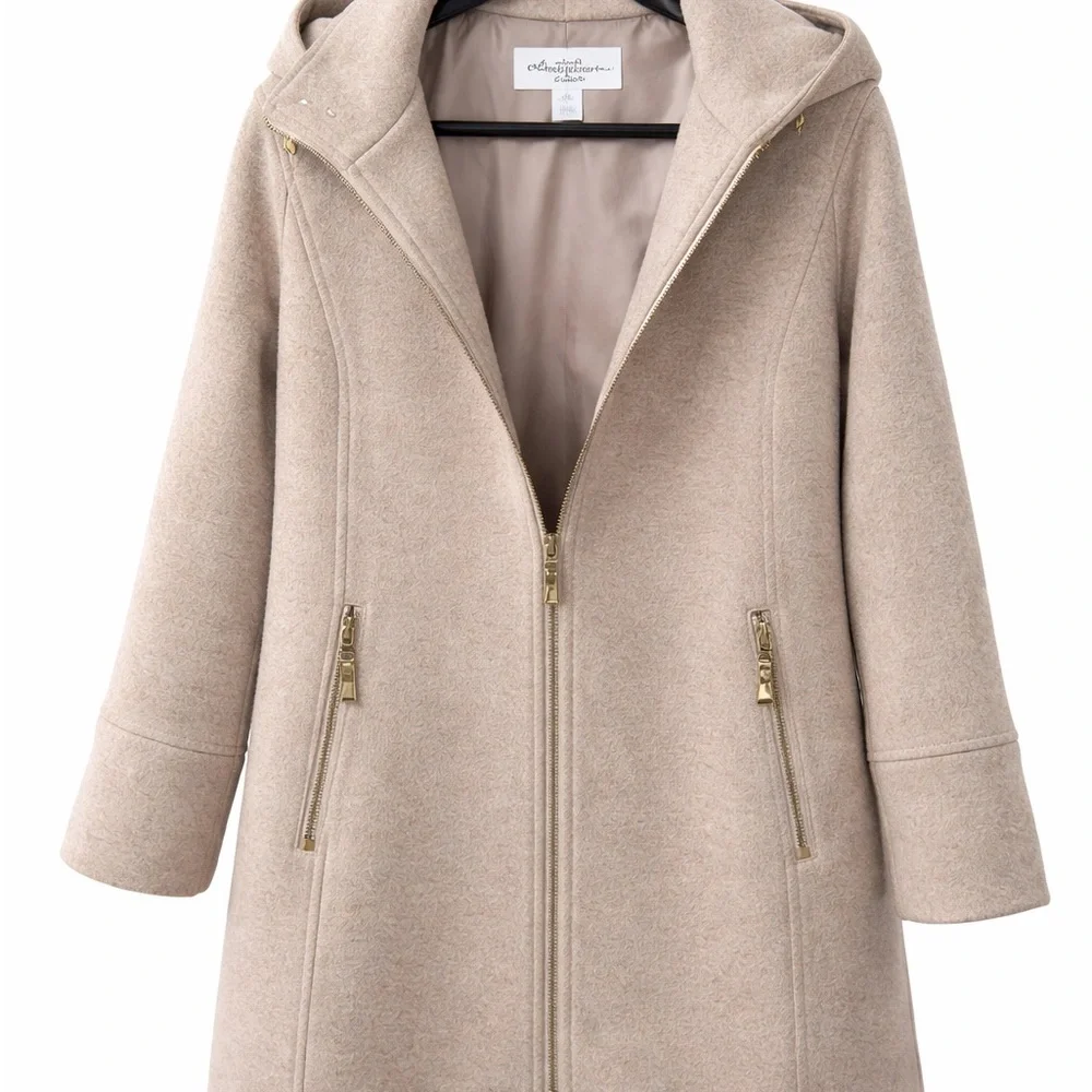 Chic Beige Hooded Coat with Gold Zippers Vince Camuto with hood - Picture 1 of 1